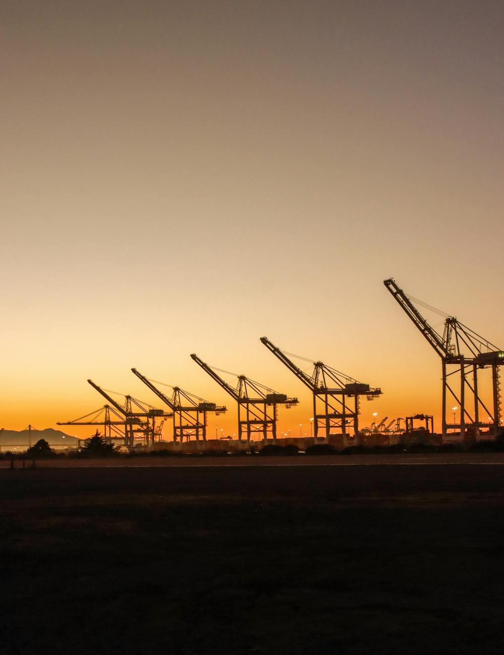 silhouette of construction cranes in harbor at sunset
