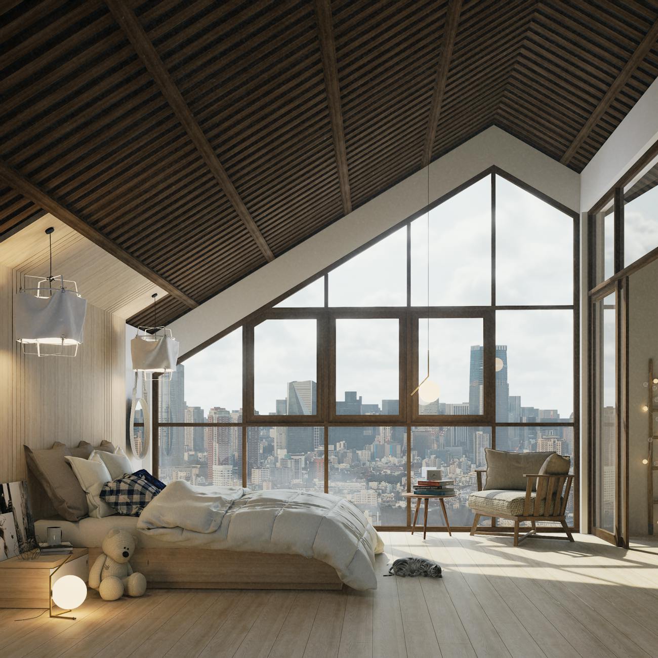 cozy attic bedroom with city view